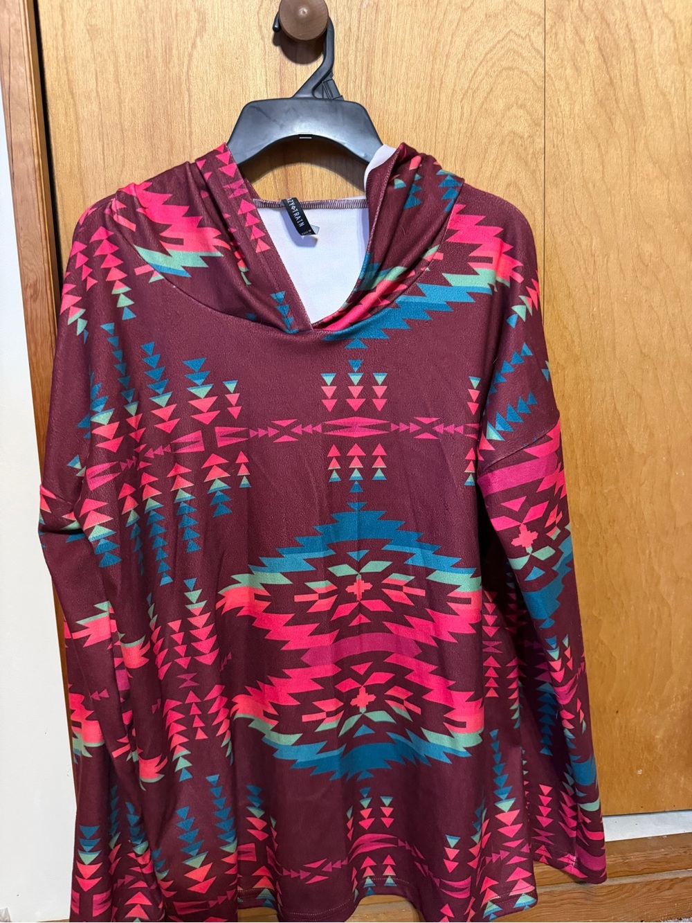 Crazy Train Burgundy Aztec Hooded Pullover with Pink & Teal Accents